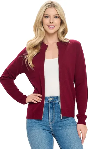 Women's 100% Cashmere Soft Long Sleeve Crew Neck Open Zip Cardigan