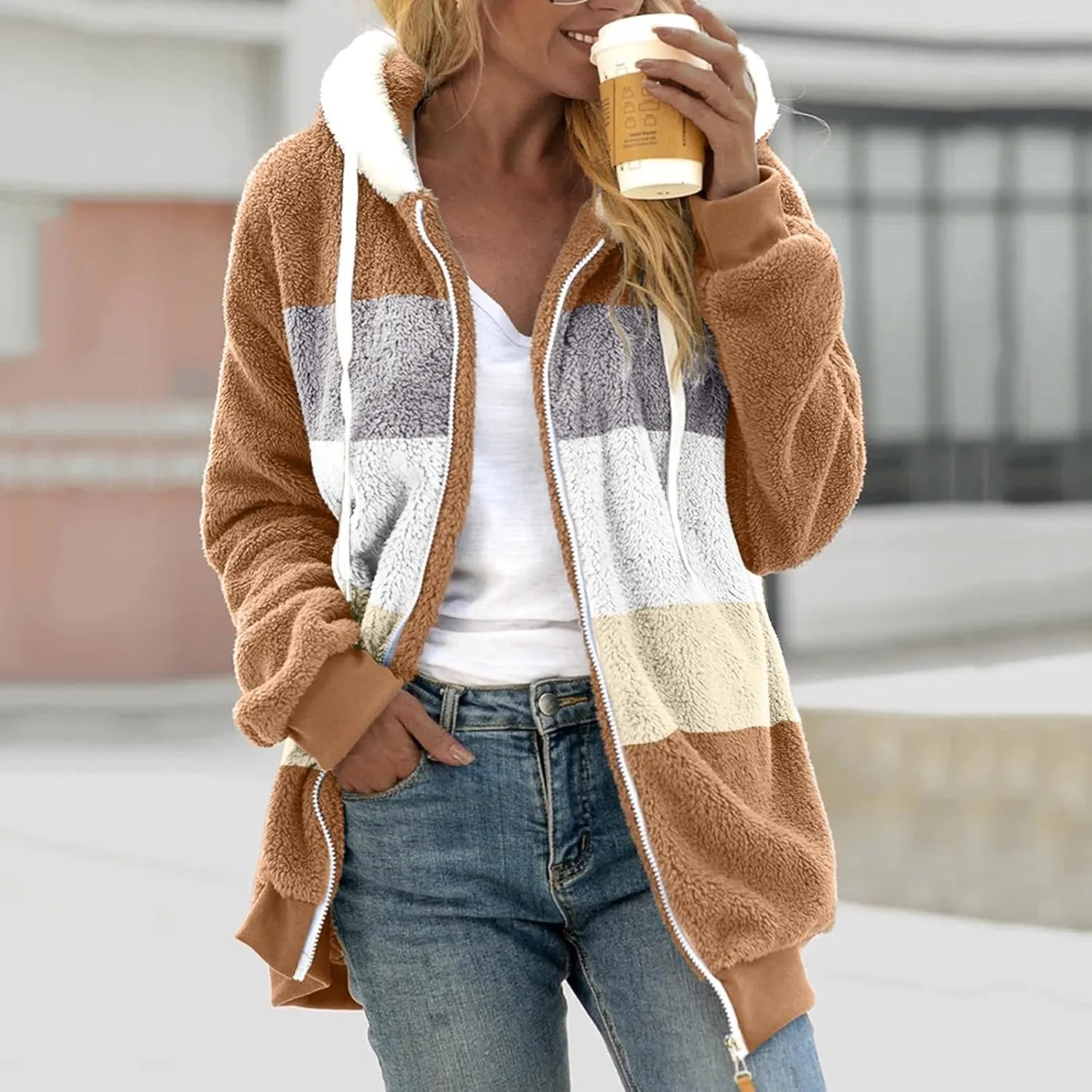 Womens 2023 Winter Fashion Plus Size Sharpa Jacket Fleece Warm Hoodie Outwear Plush Sweatshirt Thick Fuzzy Tops