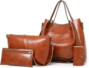 Women's 4Pcs Retro Handbag Soft PU Shoulder Bag Lady Delicate Purse