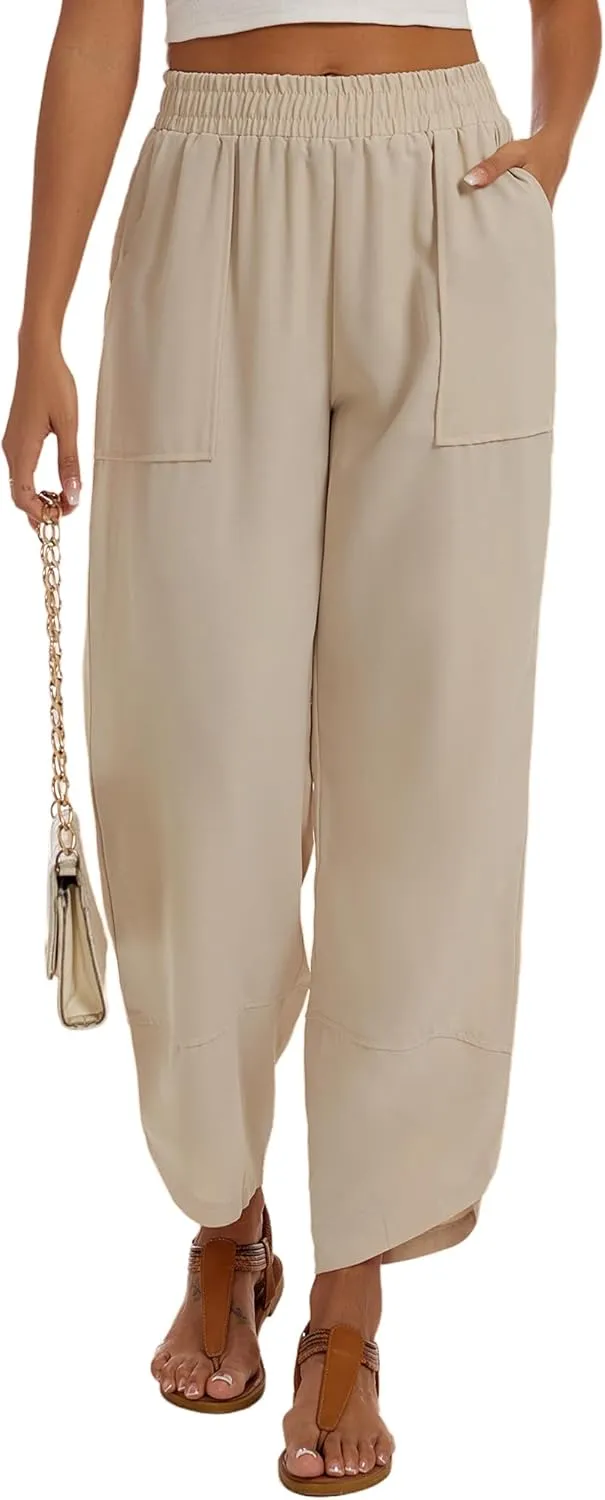 Womens Baggy Wide Leg Pants Casual Elastic Waisted Lounge Pants Palazzo Harem Pants Trousers with Pockets
