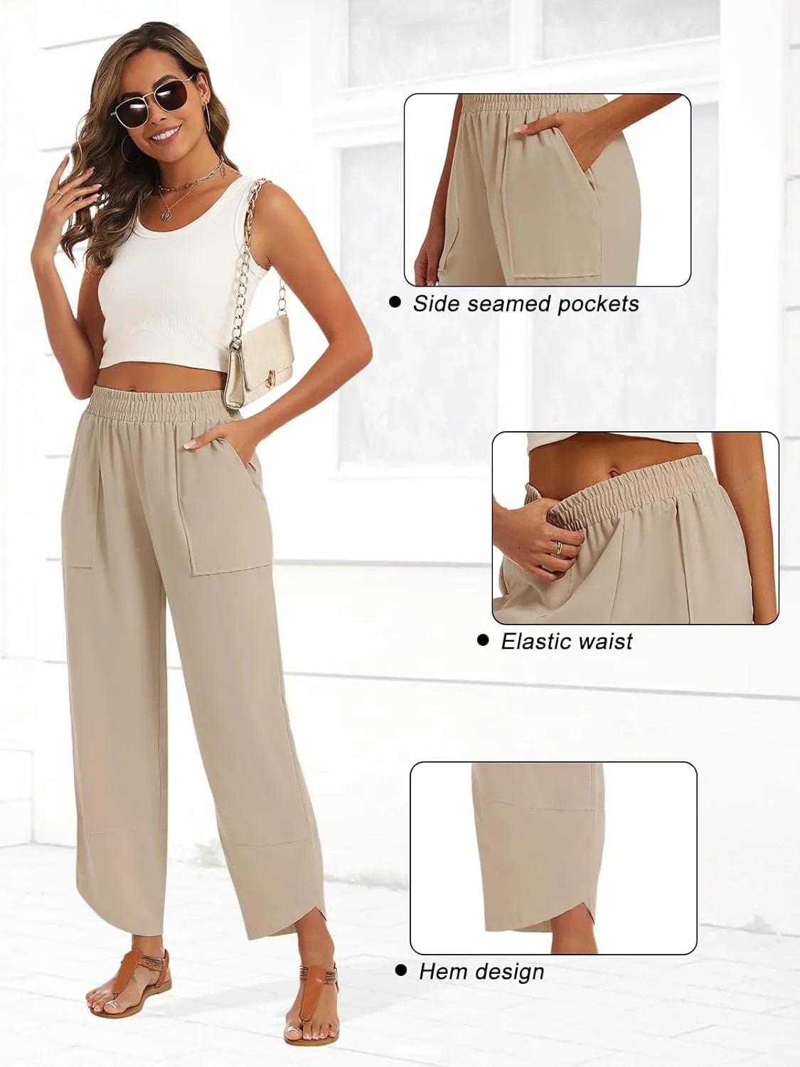 Womens Baggy Wide Leg Pants Casual Elastic Waisted Lounge Pants Palazzo Harem Pants Trousers with Pockets