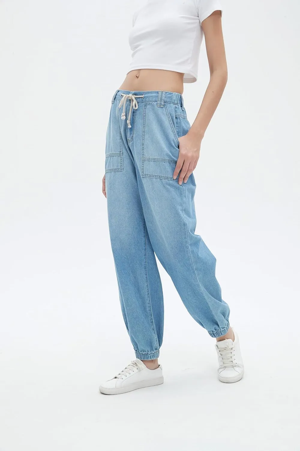 Women's Balloon Jogger Jeans High Waist Drawstring Elastic Waist Casual Loose Boyfriend Denim Pants