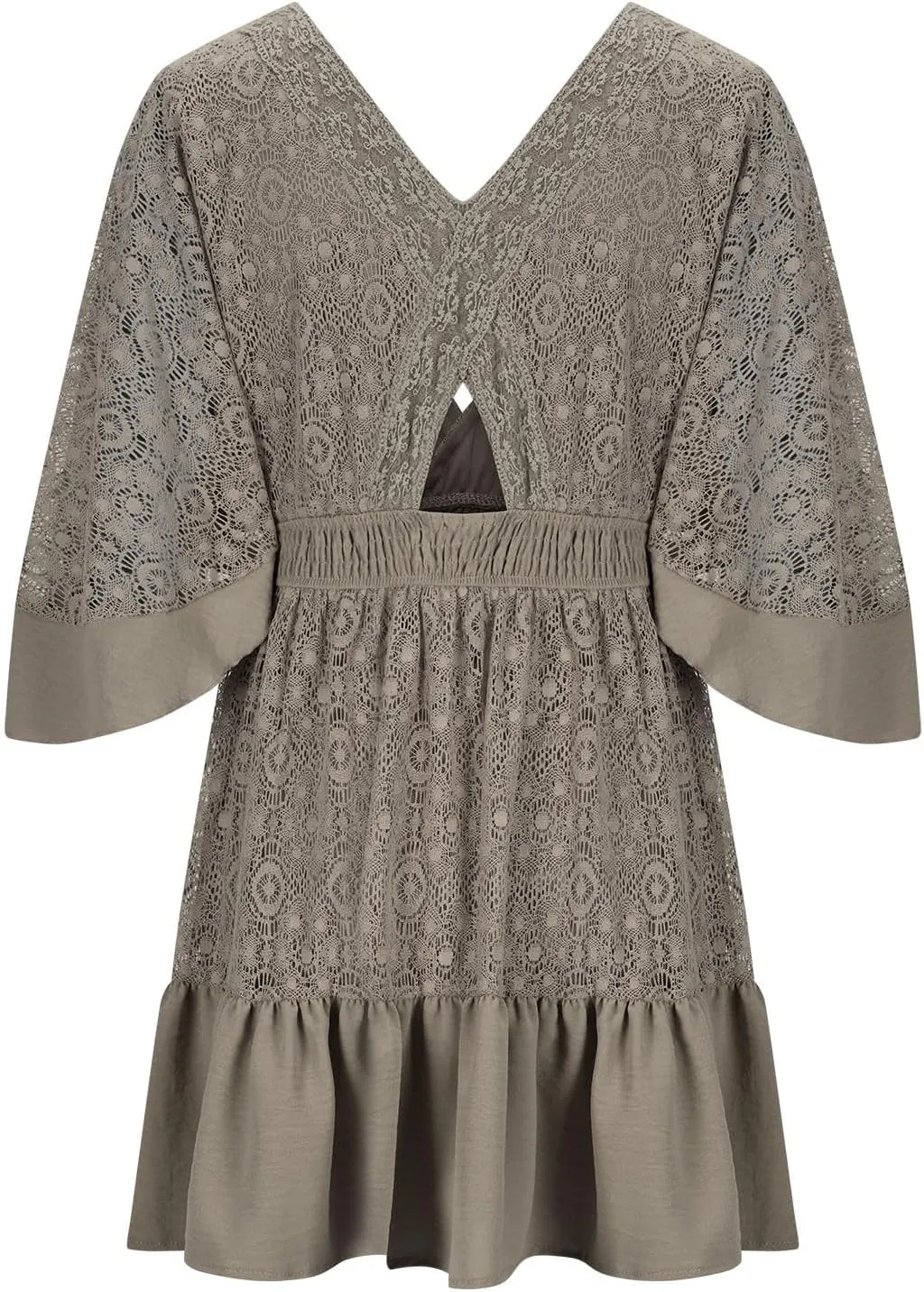 Womens Boho Babydoll Mini Dresses Sexy Plunge Resort Vacation Outfits Ruffle Summer Lace Eyelet Flare Sleeve Dress