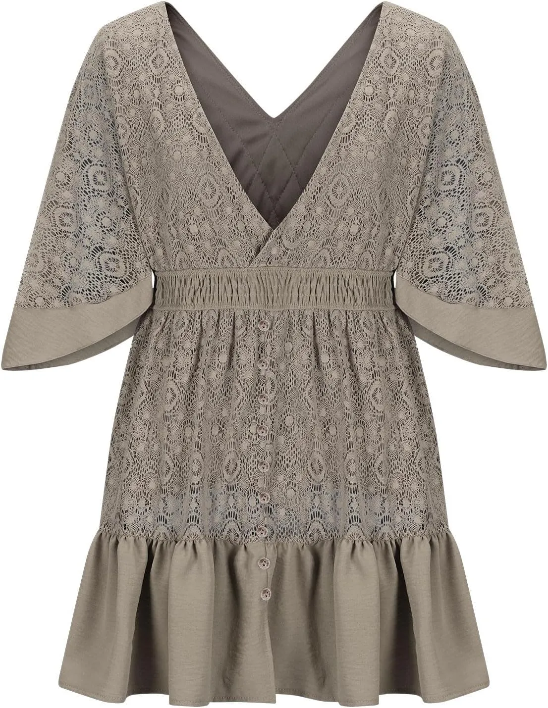 Womens Boho Babydoll Mini Dresses Sexy Plunge Resort Vacation Outfits Ruffle Summer Lace Eyelet Flare Sleeve Dress