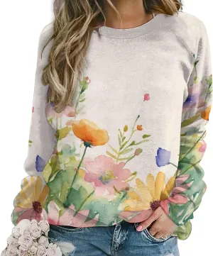 Women's Boho Floral Sweatshirts Casual Oversized Long Sleeve Crewneck Sweatshirts Fall Graphic Pullover Shirt Top