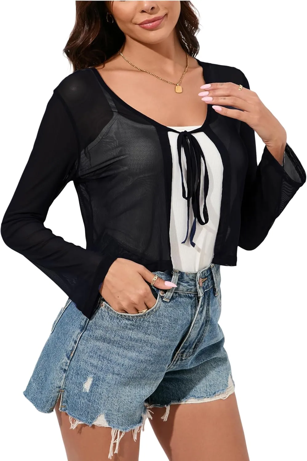 Women's Bolero Sheer Shrug Tie Front Crop Cardigan Lightweight Stretch Long Sleeve Summer Cover Up S-2XL