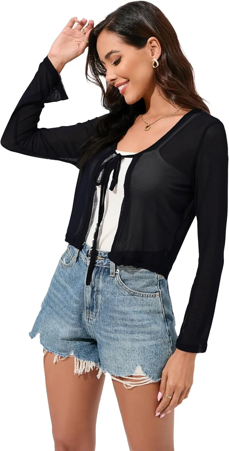 Women's Bolero Sheer Shrug Tie Front Crop Cardigan Lightweight Stretch Long Sleeve Summer Cover Up S-2XL
