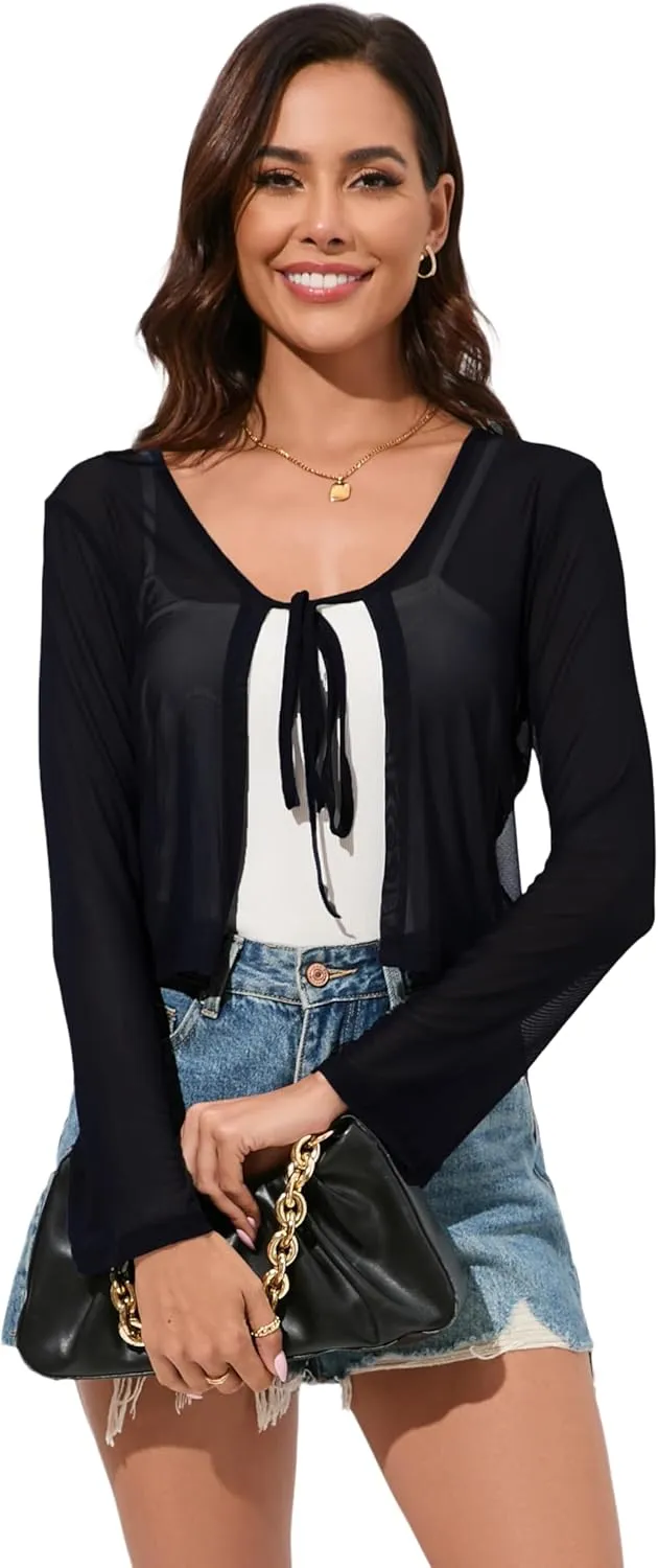 Women's Bolero Sheer Shrug Tie Front Crop Cardigan Lightweight Stretch Long Sleeve Summer Cover Up S-2XL