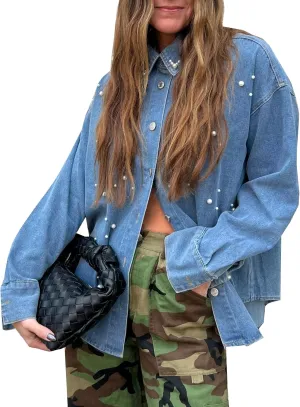 Women's Button Down Denim Shirt Pearl Beading Collared Casual Long Sleeve V Neck Jean Tops