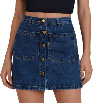 Women's Button Down High Waisted A Line Jean Stretchy Mini Denim Skirt Front Short Pencil Skirt with Pockets