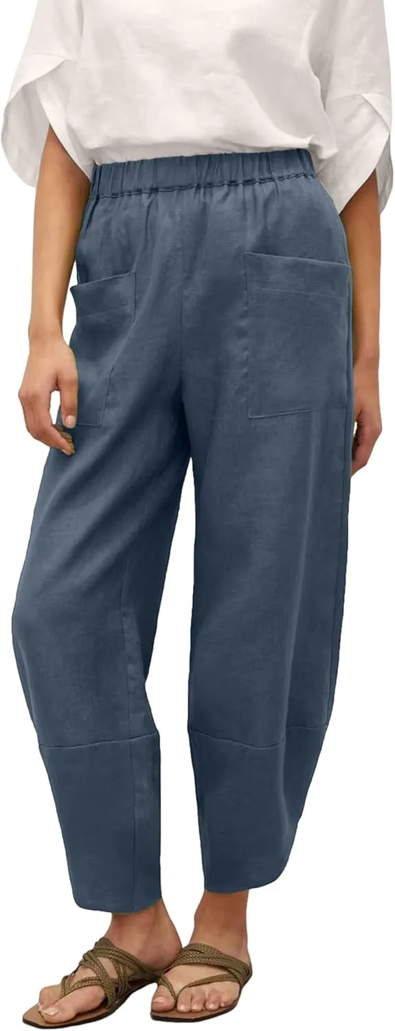 Womens Capri Pants Baggy Wide Leg Pants Linen Elastic Waisted Loose Palazzo Harem Pants with Pockets