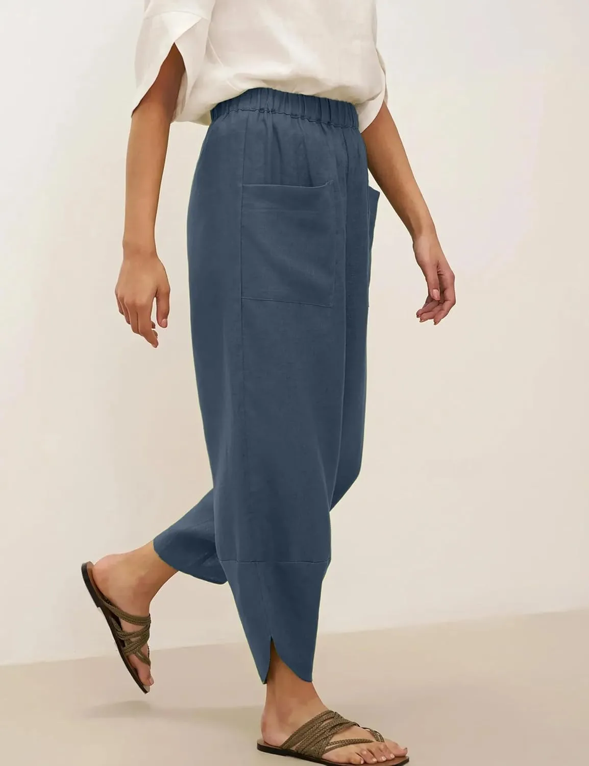 Womens Capri Pants Baggy Wide Leg Pants Linen Elastic Waisted Loose Palazzo Harem Pants with Pockets