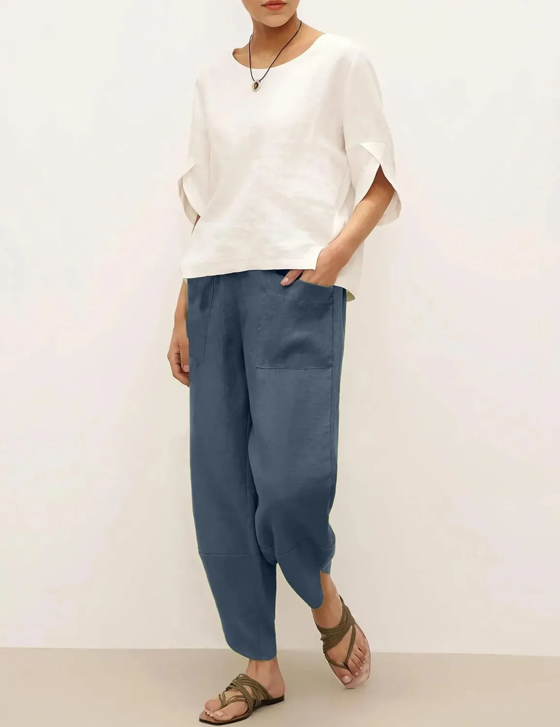 Womens Capri Pants Baggy Wide Leg Pants Linen Elastic Waisted Loose Palazzo Harem Pants with Pockets
