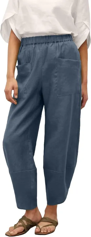 Womens Capri Pants Baggy Wide Leg Pants Linen Elastic Waisted Loose Palazzo Harem Pants with Pockets