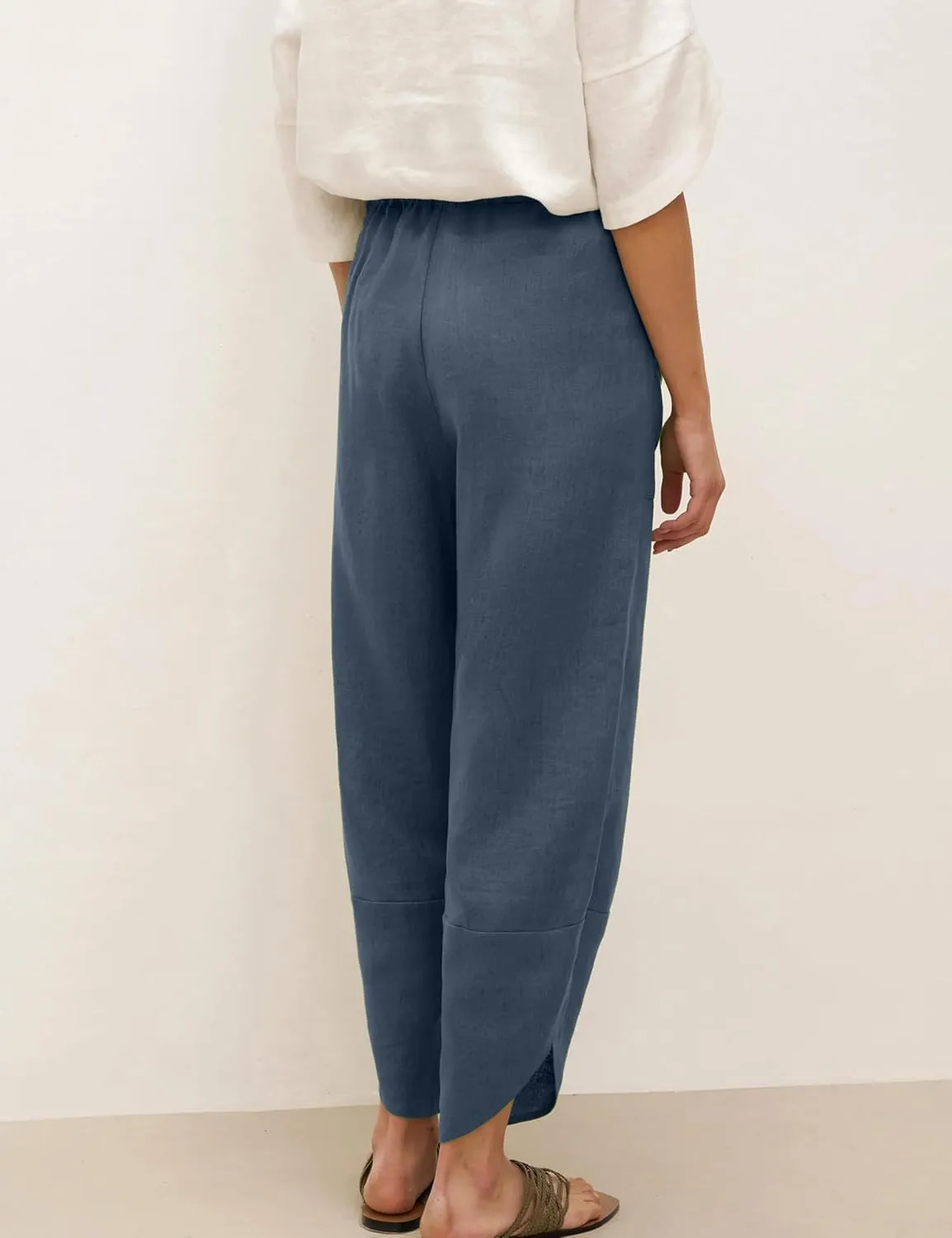 Womens Capri Pants Baggy Wide Leg Pants Linen Elastic Waisted Loose Palazzo Harem Pants with Pockets