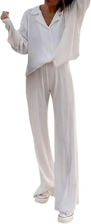 Womens Casual Pajama Set Long Sleeve V Neck Button Down Top with High Waist Long Pants Loose Stretchy Outfits Loungewear