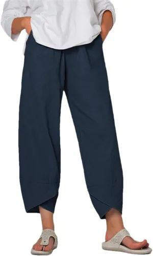 Women's Cotton and Linen Harem Pants Casual Solid Color Pocket High Waist Loose Wide Leg Pants