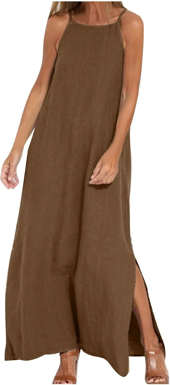 Womens Cotton Linen Dresses Sleeveless Maxi Dress Spaghetti Strap Slit Summer Casual Loose Flowy Beach Long Sundress