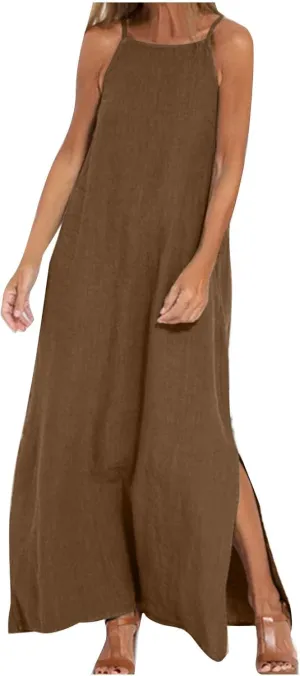 Womens Cotton Linen Dresses Sleeveless Maxi Dress Spaghetti Strap Slit Summer Casual Loose Flowy Beach Long Sundress