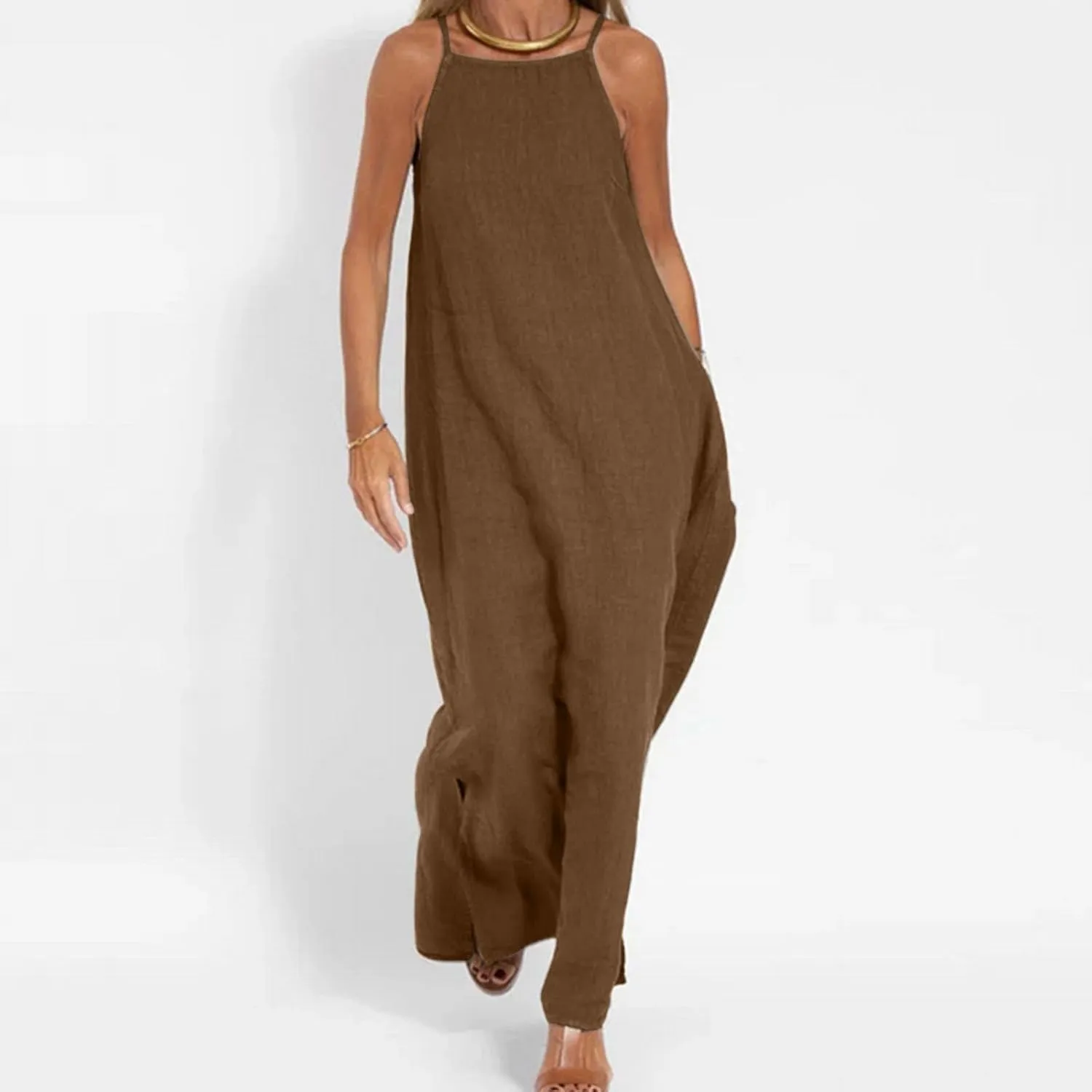 Womens Cotton Linen Dresses Sleeveless Maxi Dress Spaghetti Strap Slit Summer Casual Loose Flowy Beach Long Sundress