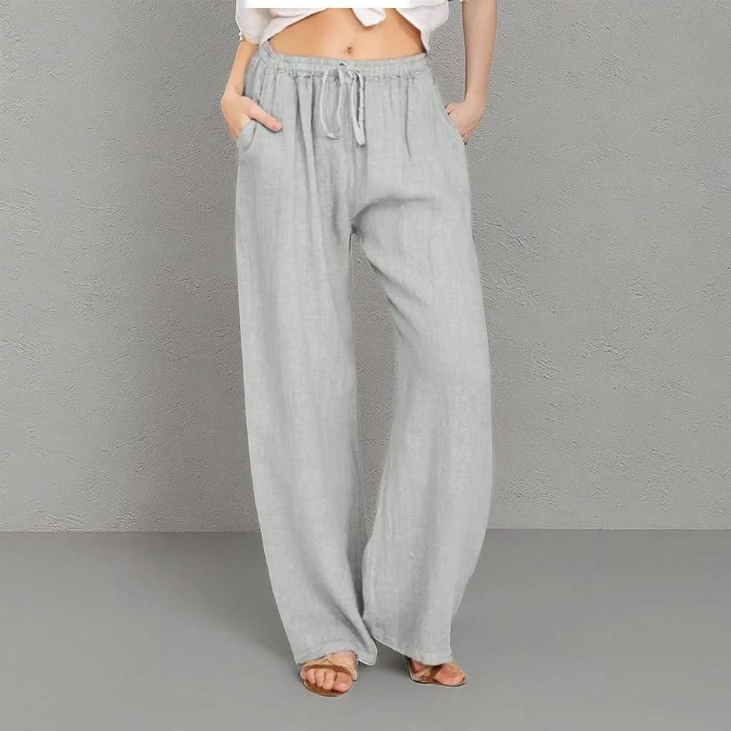 Women's Cotton Linen Pants Summer Wide Leg Casual Loose Drawstring High Waist Palazzo Pants Trousers with Pockets