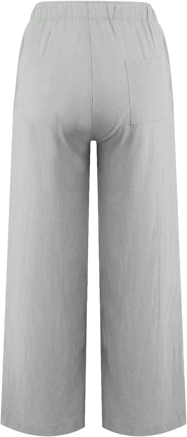 Women's Cotton Linen Pants Summer Wide Leg Casual Loose Drawstring High Waist Palazzo Pants Trousers with Pockets