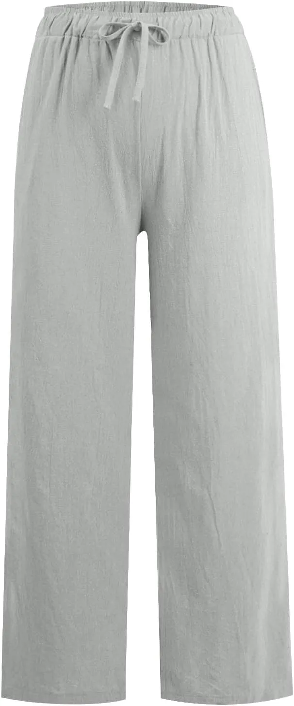 Women's Cotton Linen Pants Summer Wide Leg Casual Loose Drawstring High Waist Palazzo Pants Trousers with Pockets