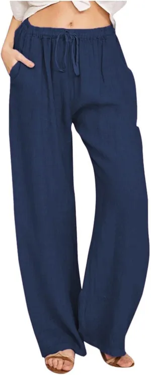 Women's Cotton Linen Pants Summer Wide Leg Casual Loose Drawstring High Waist Palazzo Pants Trousers with Pockets