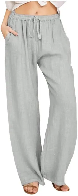 Women's Cotton Linen Pants Summer Wide Leg Casual Loose Drawstring High Waist Palazzo Pants Trousers with Pockets