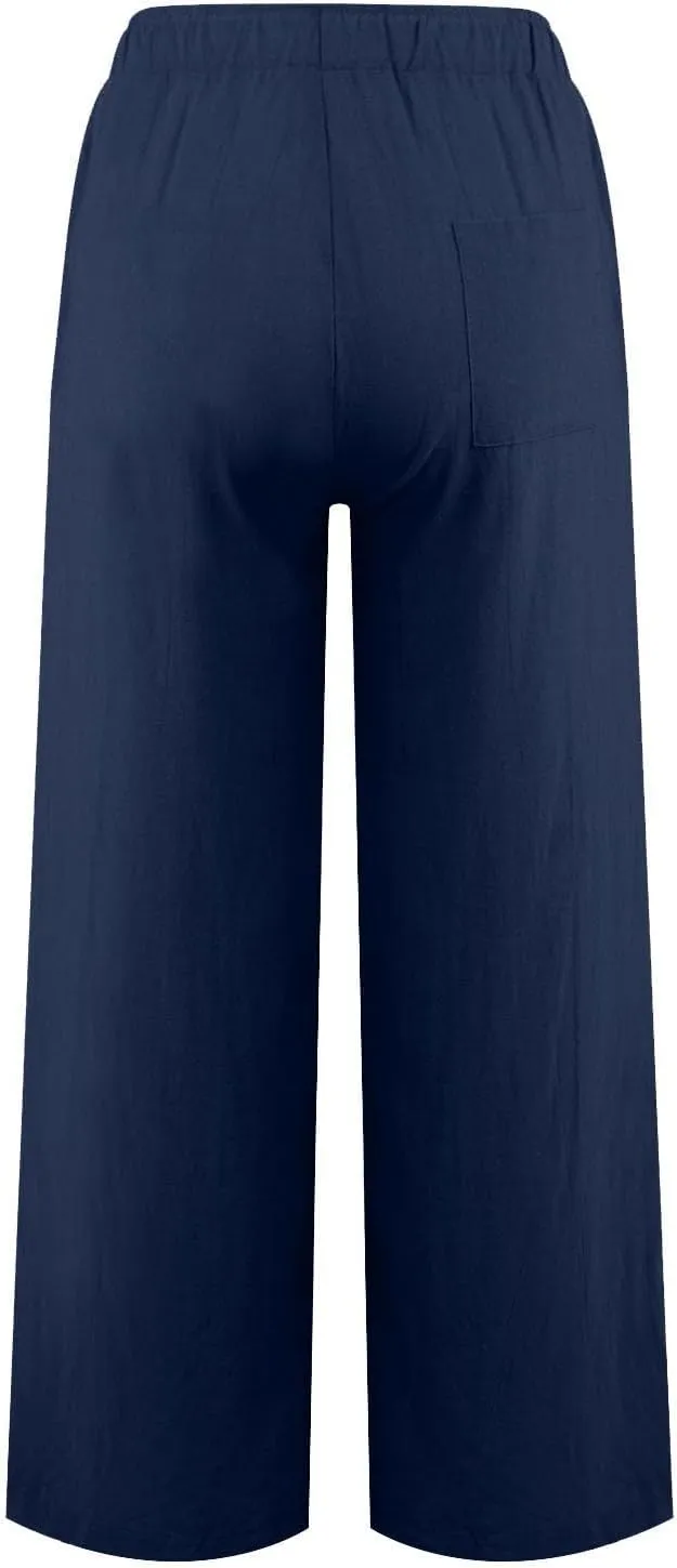 Women's Cotton Linen Pants Summer Wide Leg Casual Loose Drawstring High Waist Palazzo Pants Trousers with Pockets