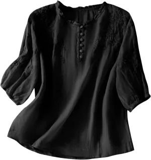 Womens Cotton Linen Tops Floral Embroidery Short Sleeve Button Down Boho Shirts Vintage Casual Summer Vacation Blouse