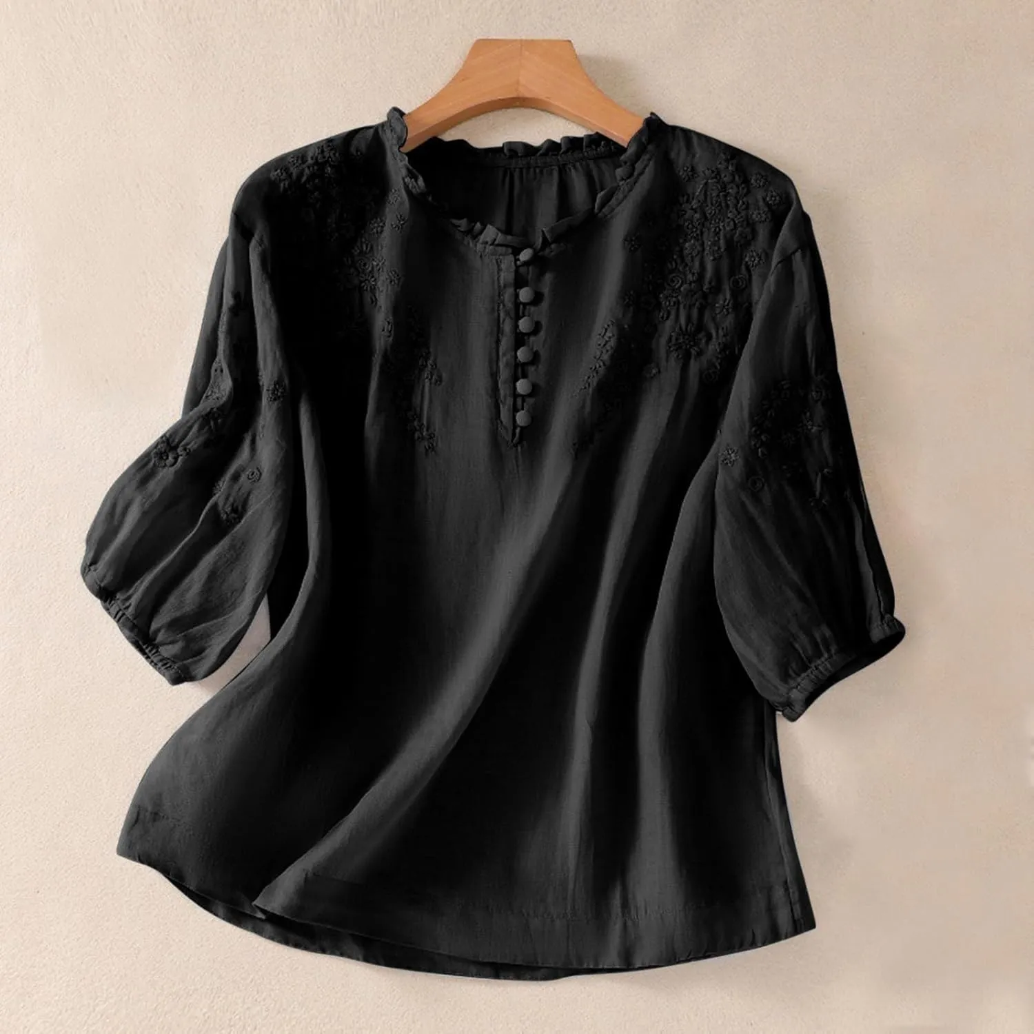 Womens Cotton Linen Tops Floral Embroidery Short Sleeve Button Down Boho Shirts Vintage Casual Summer Vacation Blouse