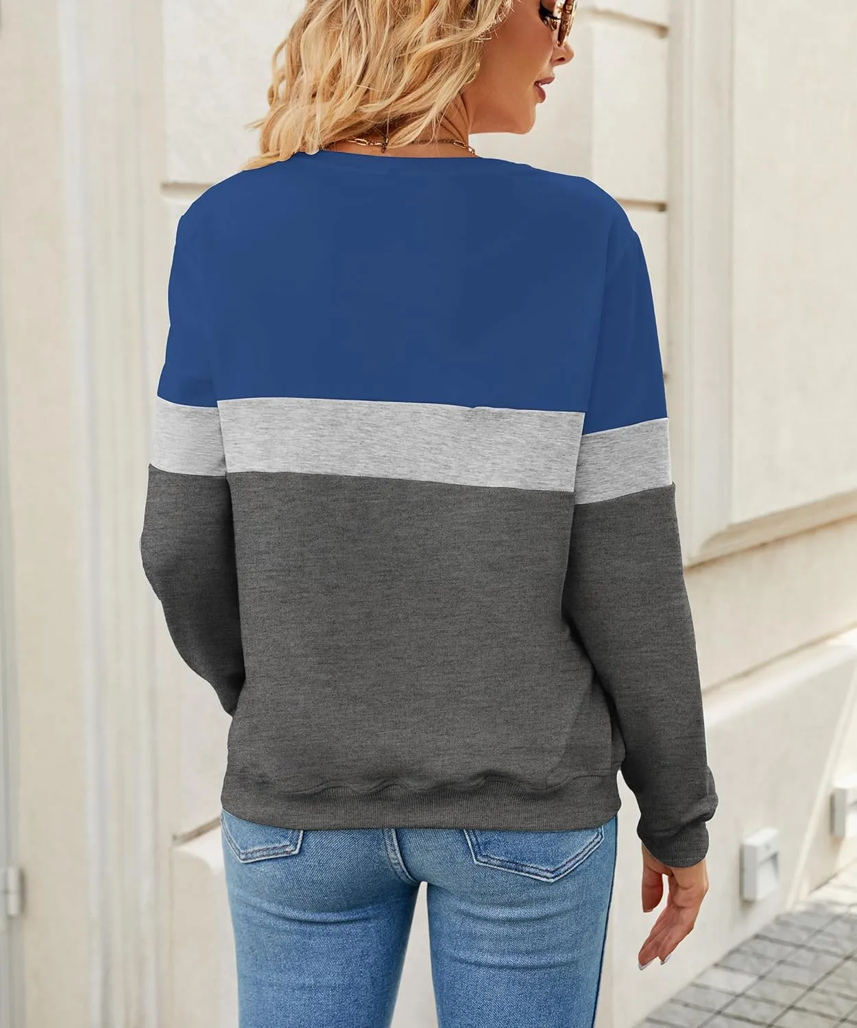 Womens Crew Neck Sweatshirt Colorblock Pullover Tops Casual Splicing Long Sleeve Lightweight Blouse Tee