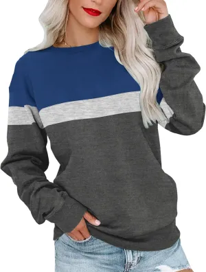 Womens Crew Neck Sweatshirt Colorblock Pullover Tops Casual Splicing Long Sleeve Lightweight Blouse Tee