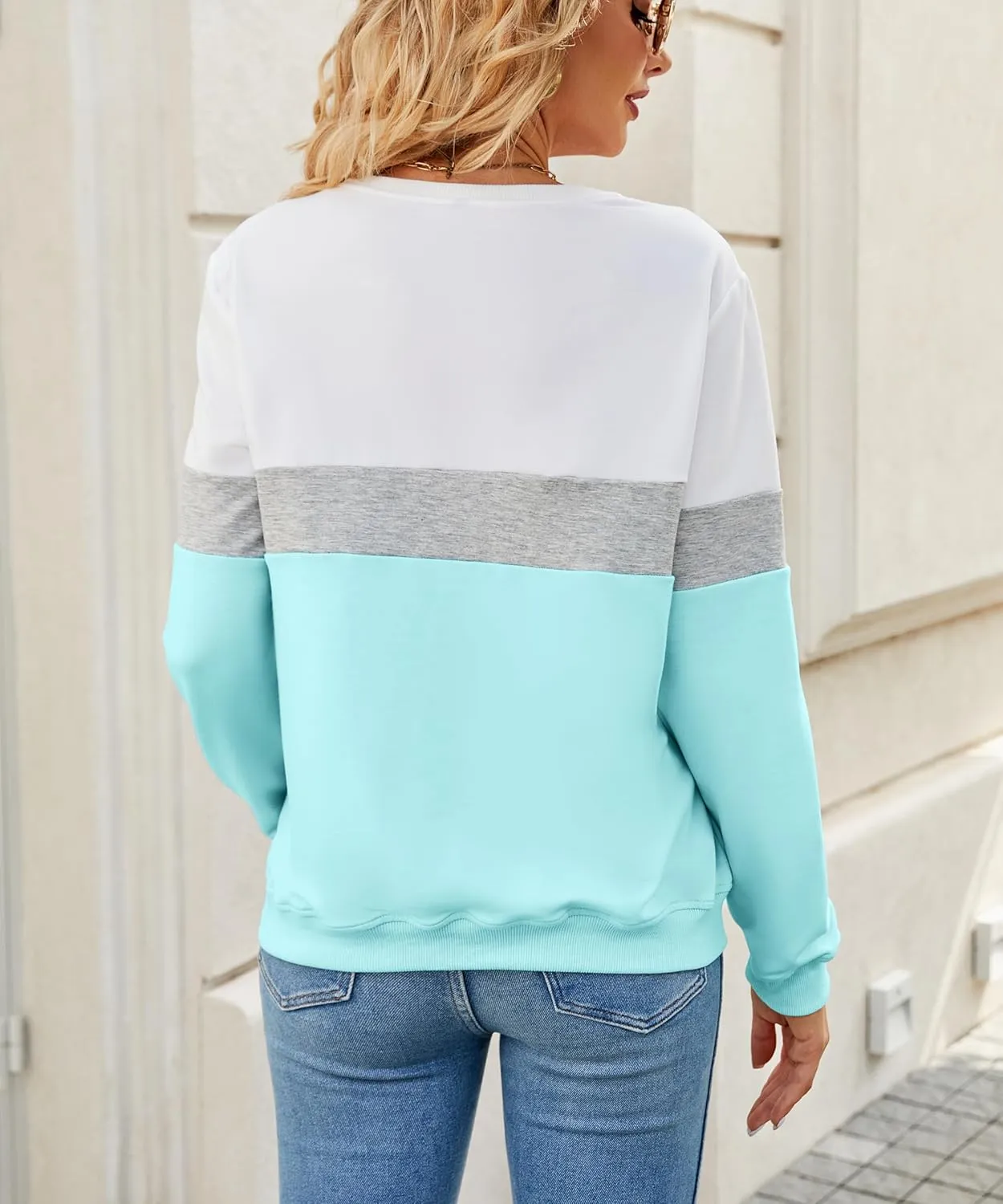 Womens Crew Neck Sweatshirt Colorblock Pullover Tops Casual Splicing Long Sleeve Lightweight Blouse Tee