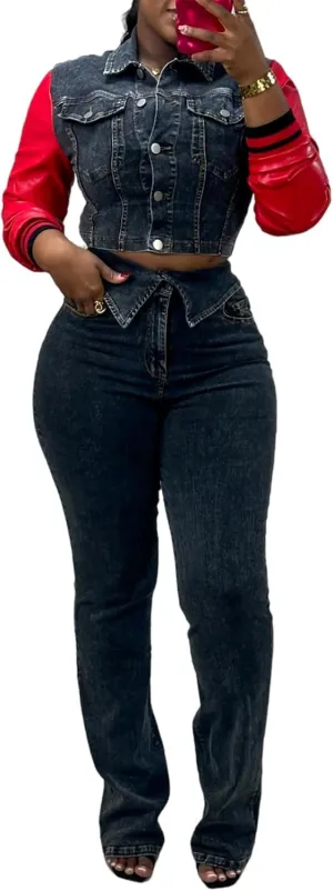 Women's Denim 2 Piece Outfits PU Leather Long Sleeve Crop Jean Jacket Top and Slim Fit Jeans Set Lounge Set