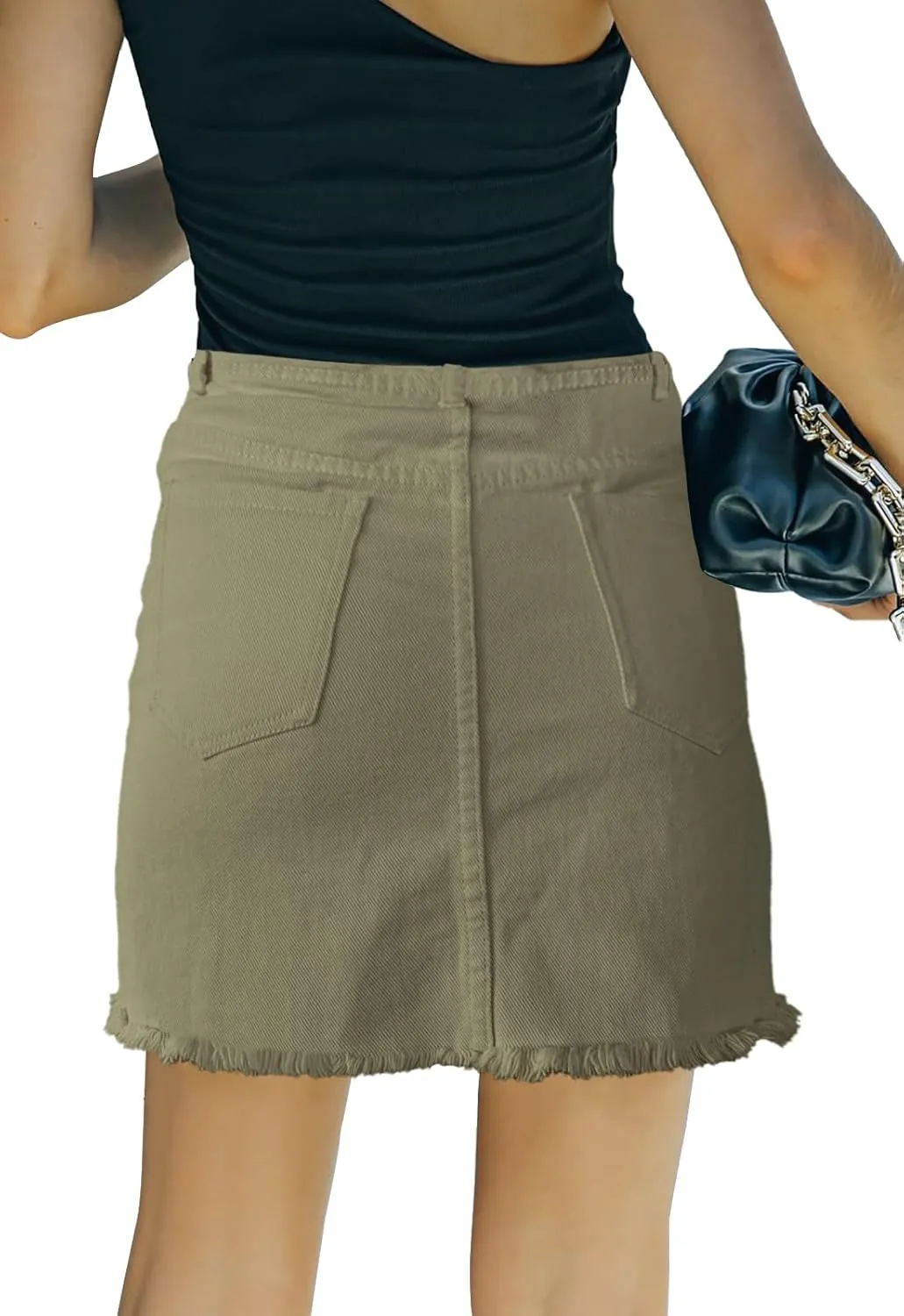 Womens Denim Mini Skirt High Waist Casual Split Hem Washed Frayed A-line Jean Skirts with Pocket for Women