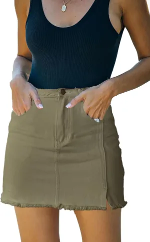 Womens Denim Mini Skirt High Waist Casual Split Hem Washed Frayed A-line Jean Skirts with Pocket for Women