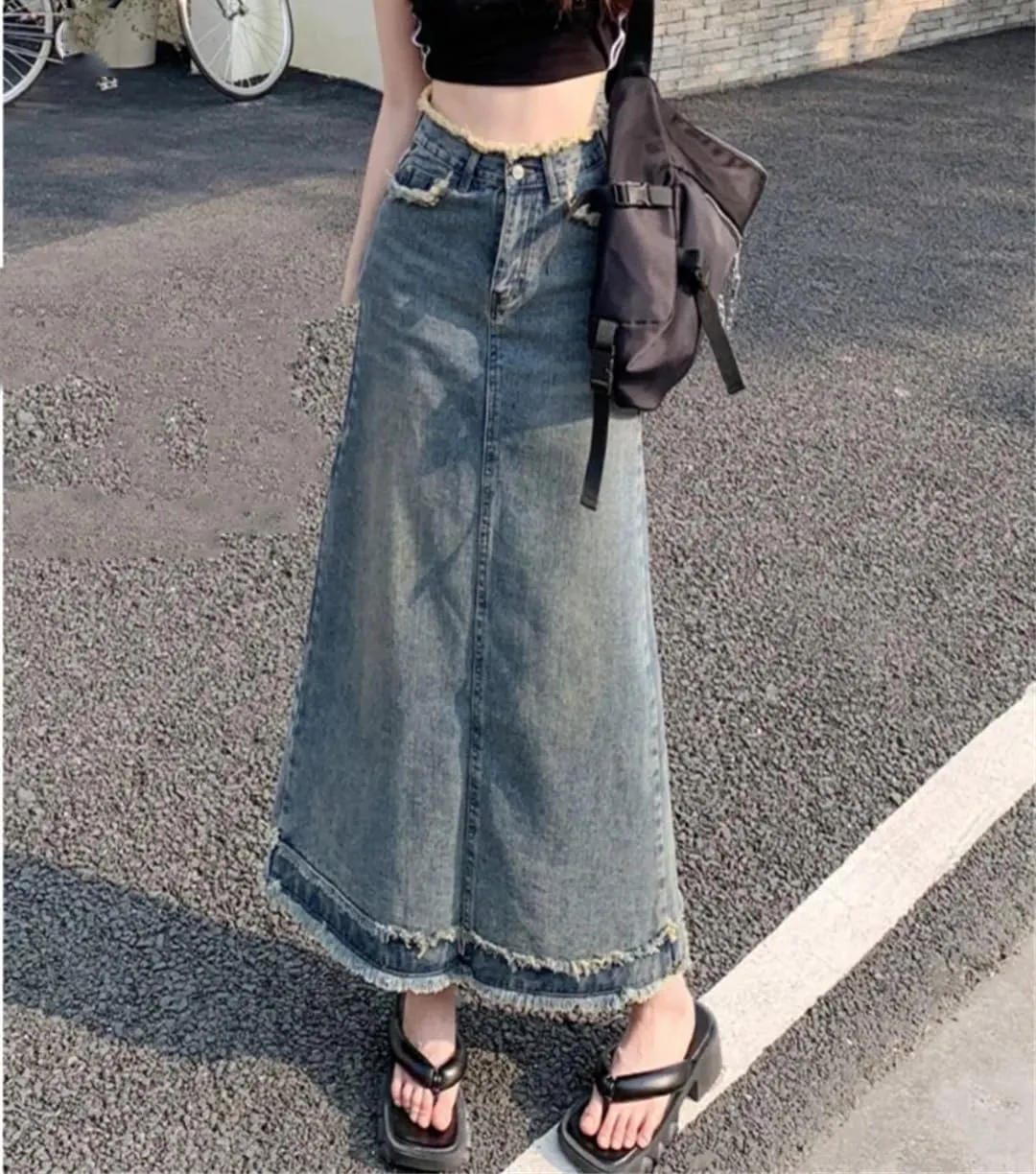 Women's High Waisted Denim Skirt Spring Mid Length Solid Color Casual A-Line Skirt Tassel Slim Fit Skirt