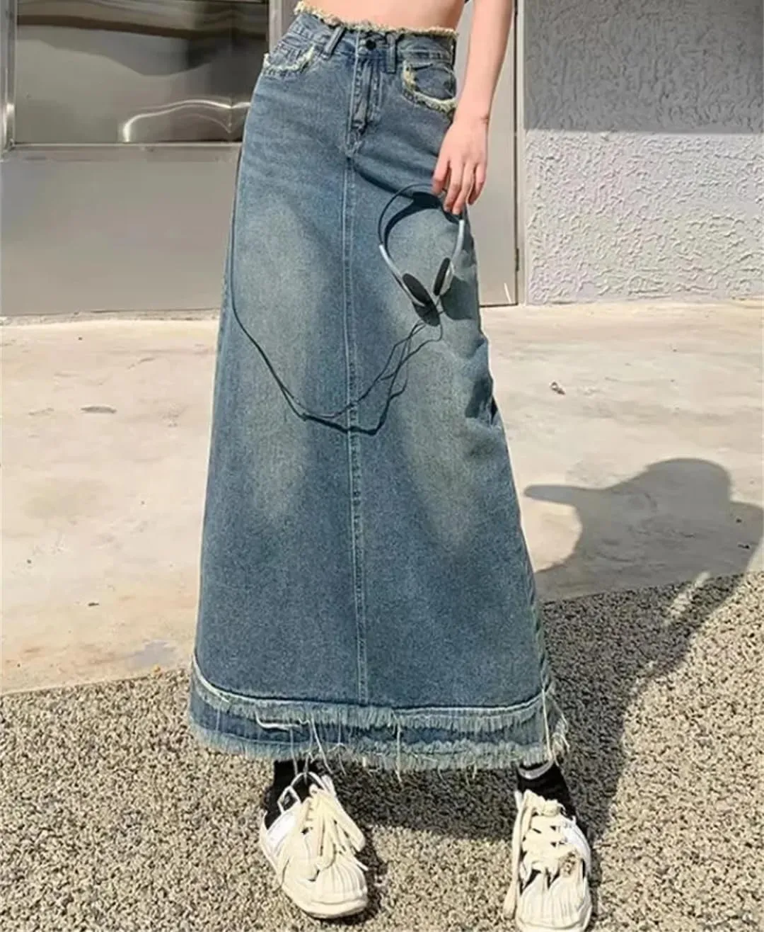 Women's High Waisted Denim Skirt Spring Mid Length Solid Color Casual A-Line Skirt Tassel Slim Fit Skirt