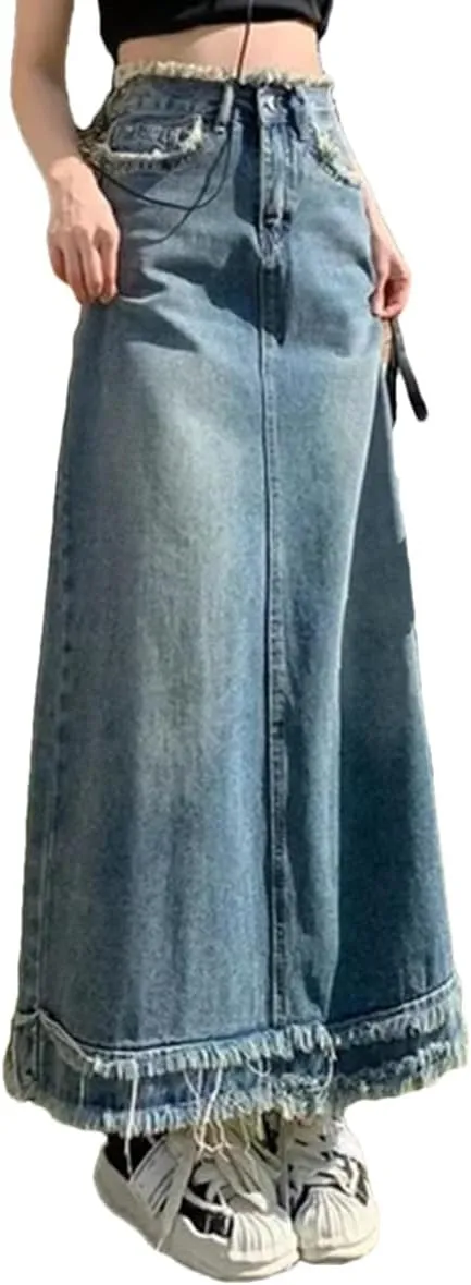 Women's High Waisted Denim Skirt Spring Mid Length Solid Color Casual A-Line Skirt Tassel Slim Fit Skirt