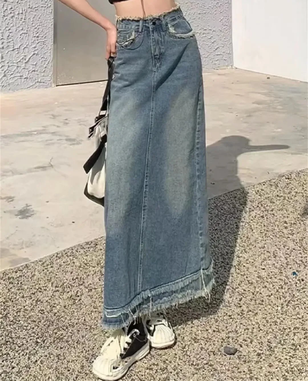 Women's High Waisted Denim Skirt Spring Mid Length Solid Color Casual A-Line Skirt Tassel Slim Fit Skirt