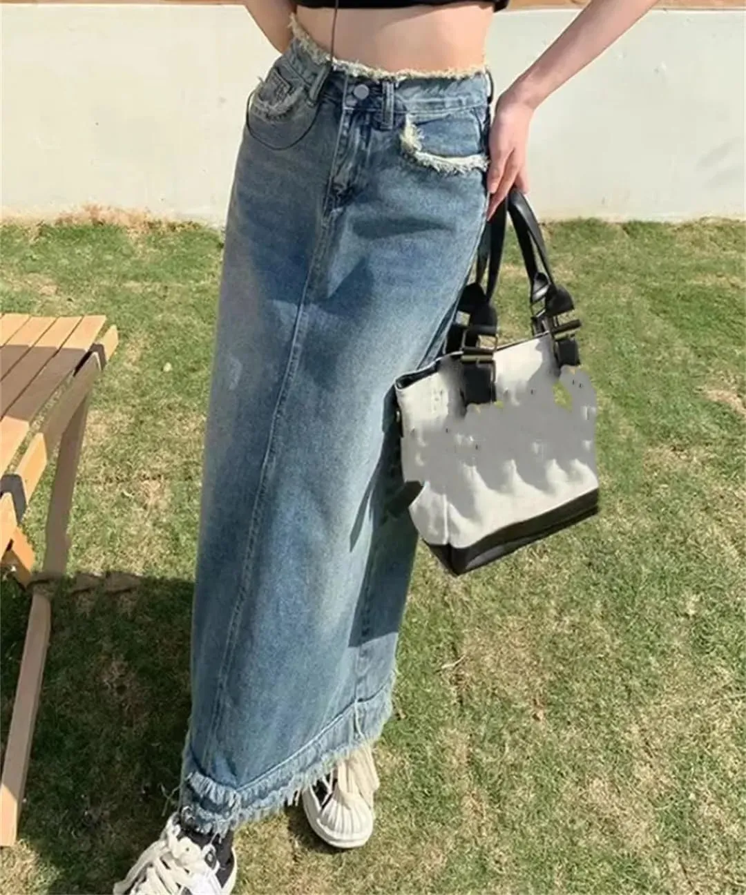 Women's High Waisted Denim Skirt Spring Mid Length Solid Color Casual A-Line Skirt Tassel Slim Fit Skirt