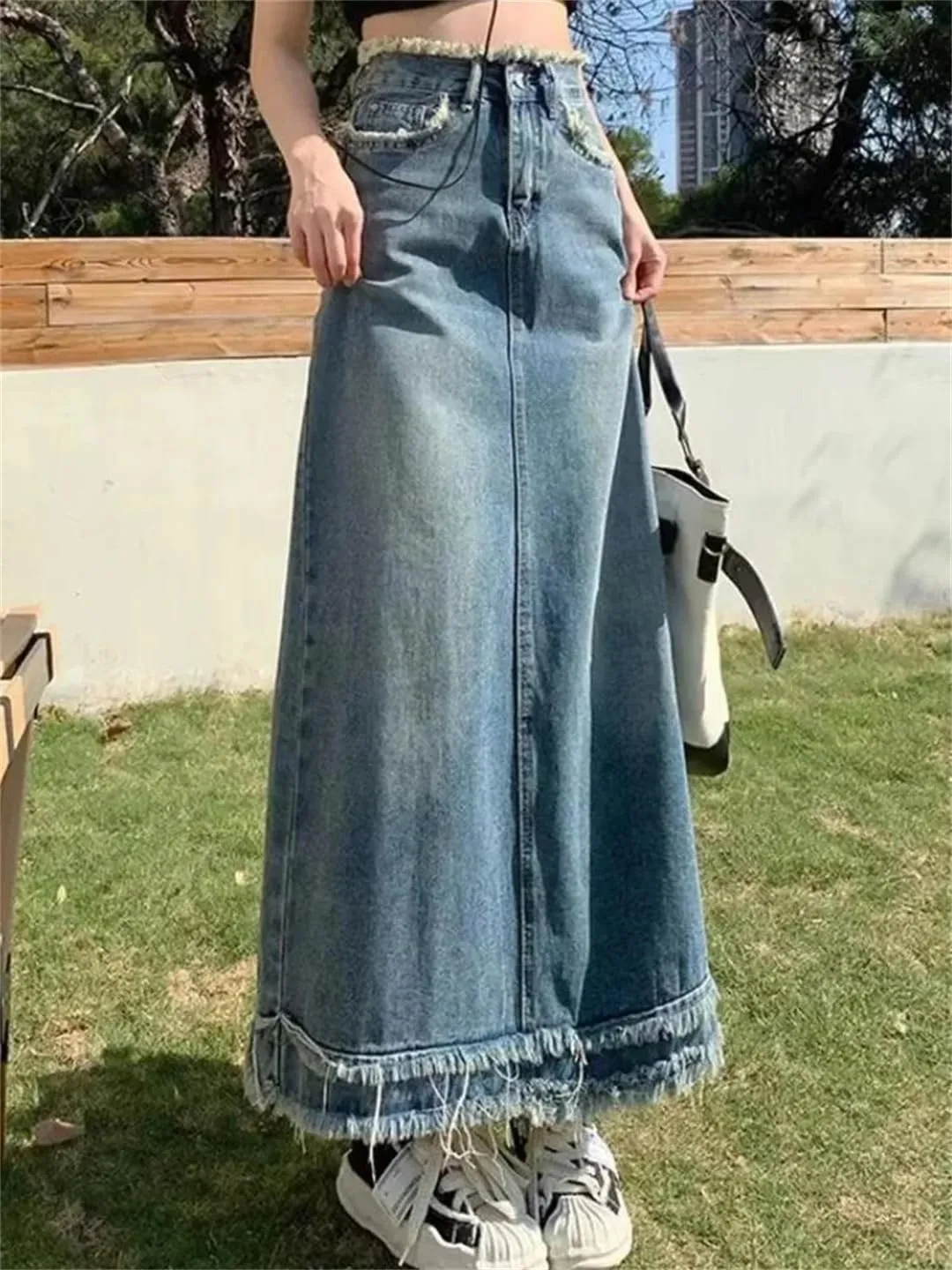 Women's High Waisted Denim Skirt Spring Mid Length Solid Color Casual A-Line Skirt Tassel Slim Fit Skirt
