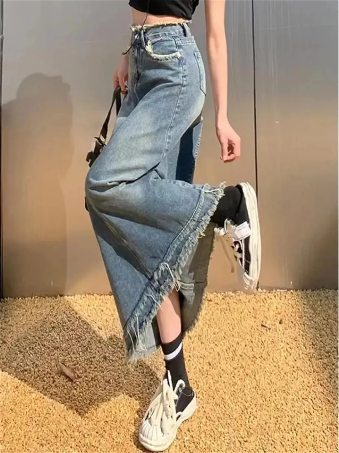 Women's High Waisted Denim Skirt Spring Mid Length Solid Color Casual A-Line Skirt Tassel Slim Fit Skirt
