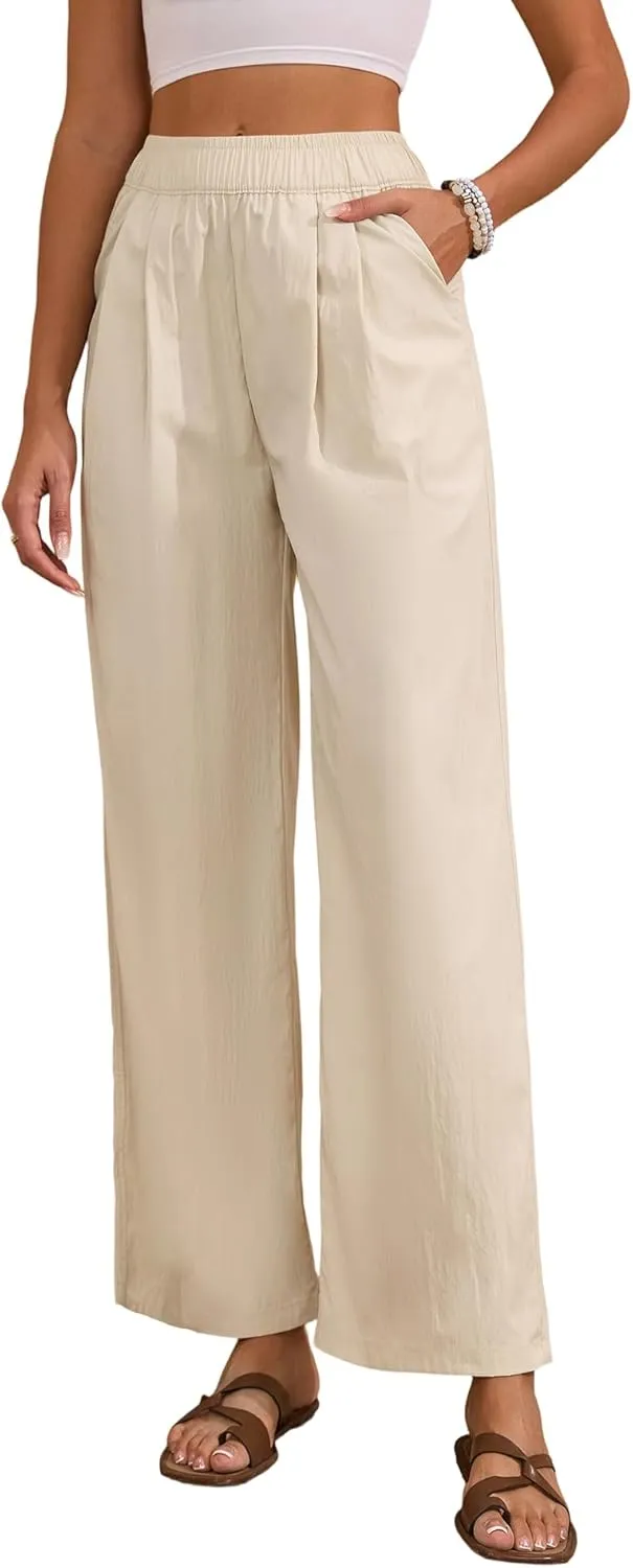 Women's High Waisted Wide Leg Pants 2025 Summer Casual Palazzo Pants Lounge Flowy Beach Trousers with Pockets Khaki