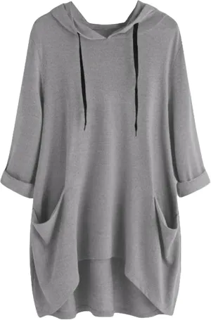 Women's Hooded Solid Color Loose Sweatshirt Irregular Pocket Top, Oversized Ladies Tops Long Sleeve