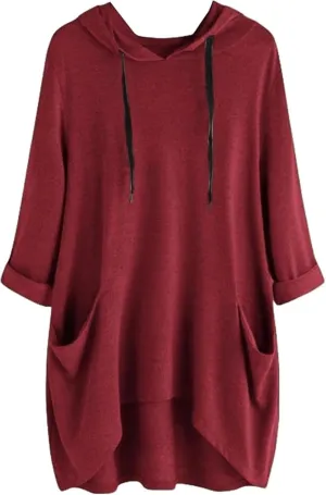 Women's Hooded Solid Color Loose Sweatshirt Irregular Pocket Top, Oversized Ladies Tops Long Sleeve