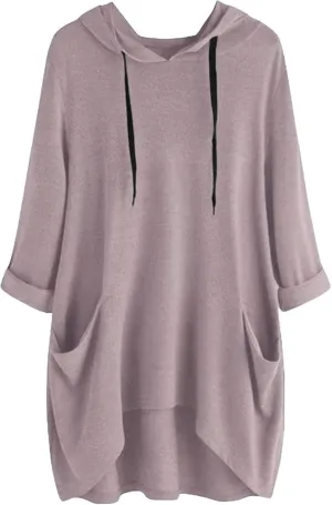 Women's Hooded Solid Color Loose Sweatshirt Irregular Pocket Top, Oversized Ladies Tops Long Sleeve