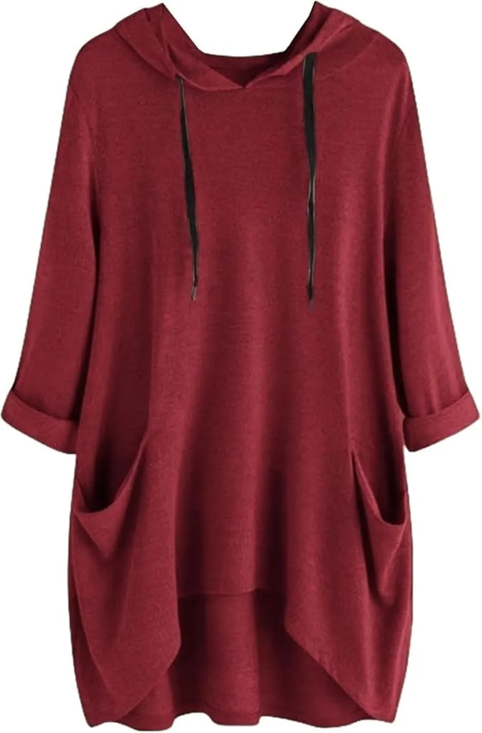 Women's Hooded Solid Color Loose Sweatshirt Irregular Pocket Top, Oversized Ladies Tops Long Sleeve